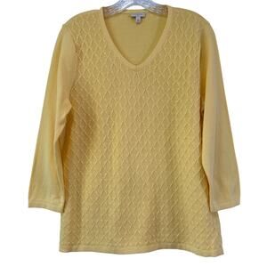 Talbots Butter Yellow V Neck 100% Cotton Textured Sweater Size M 3/4 Sleeves